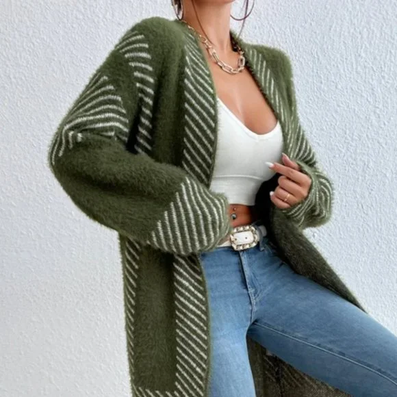 open front striped print fuzzy sweater knit duster cardigan green - Picture 7 of 7
